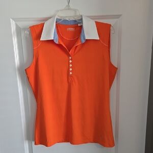 Annika Women's Orange and White Sleeveless Polo Blouse